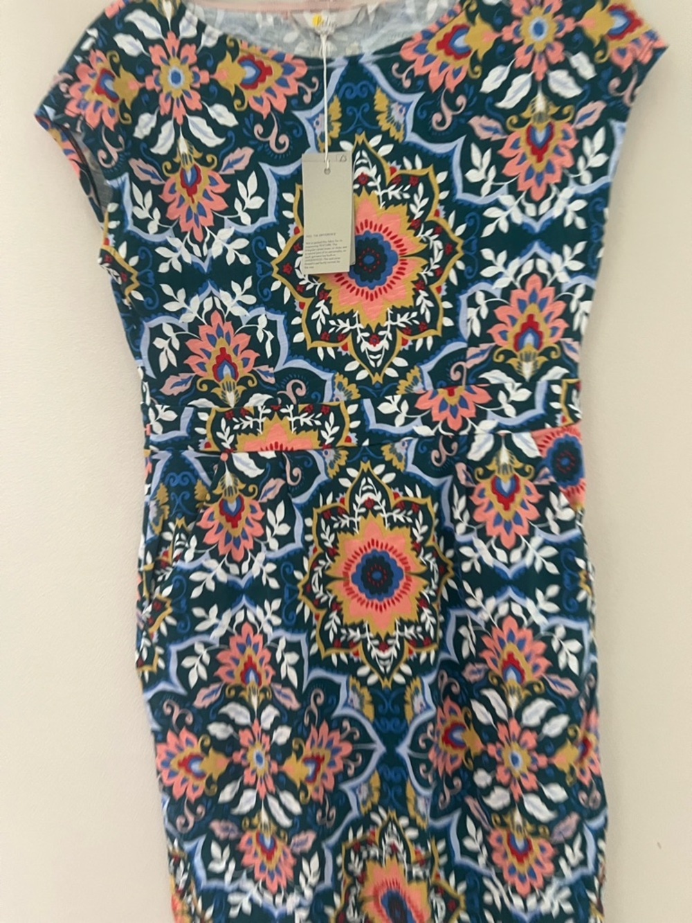 Boden Teal Floral Mosaic Cap-Sleeve Midi Dress - Picture 7 of 13